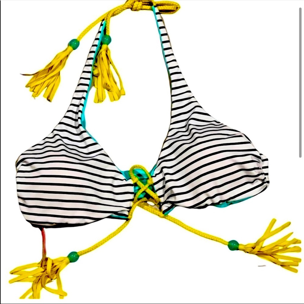 Vicky secret Reversible stripped black & white &turquoise bikini top size large